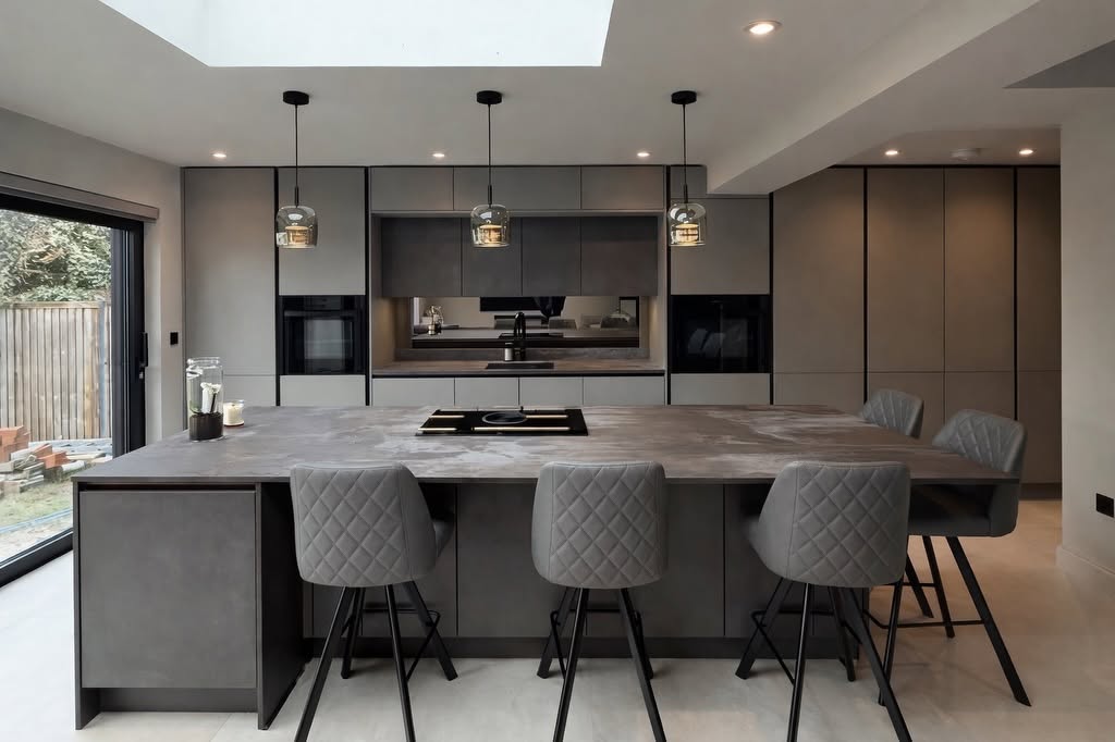 Dark handleless kitchen with island seating and pendant lights