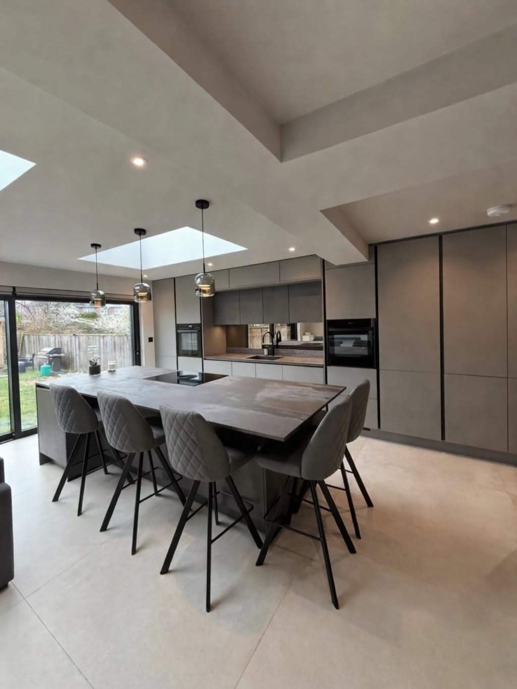 Open-plan extension kitchen with skylights and dining area