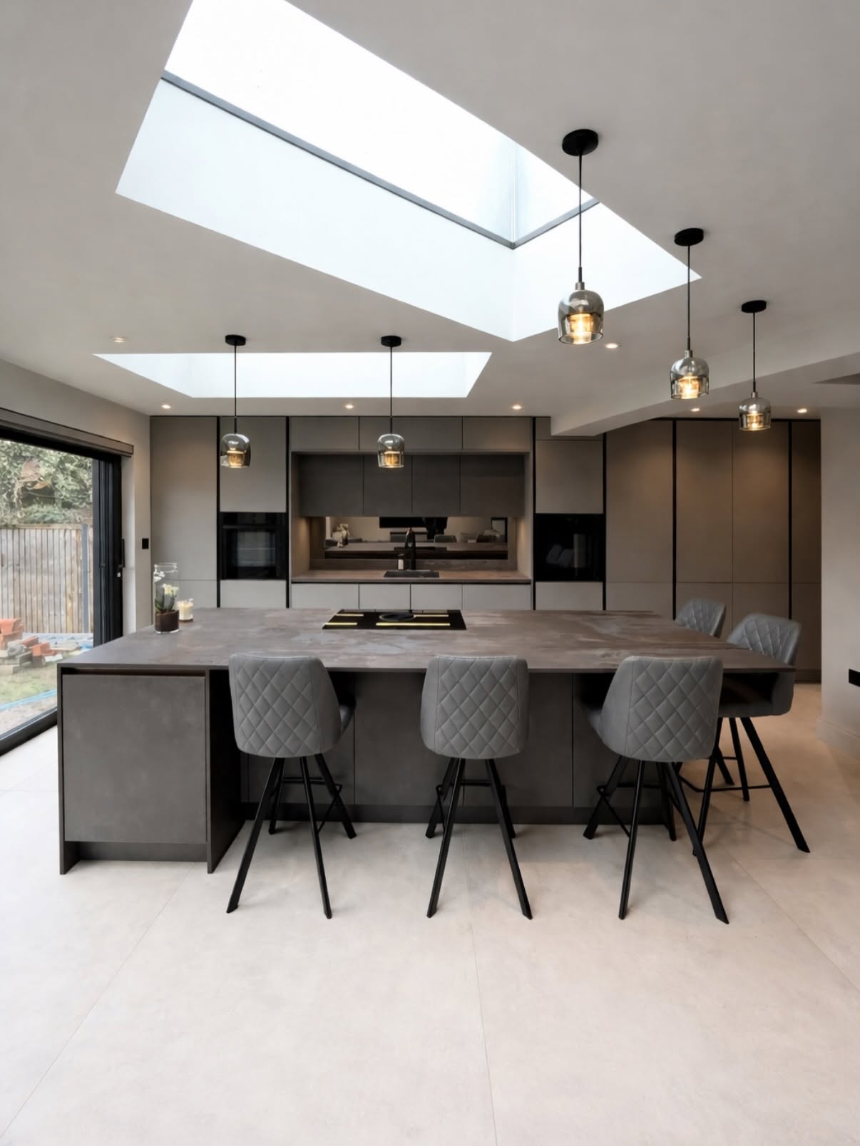 Open-plan dark kitchen-diner with island seating and roof lanterns