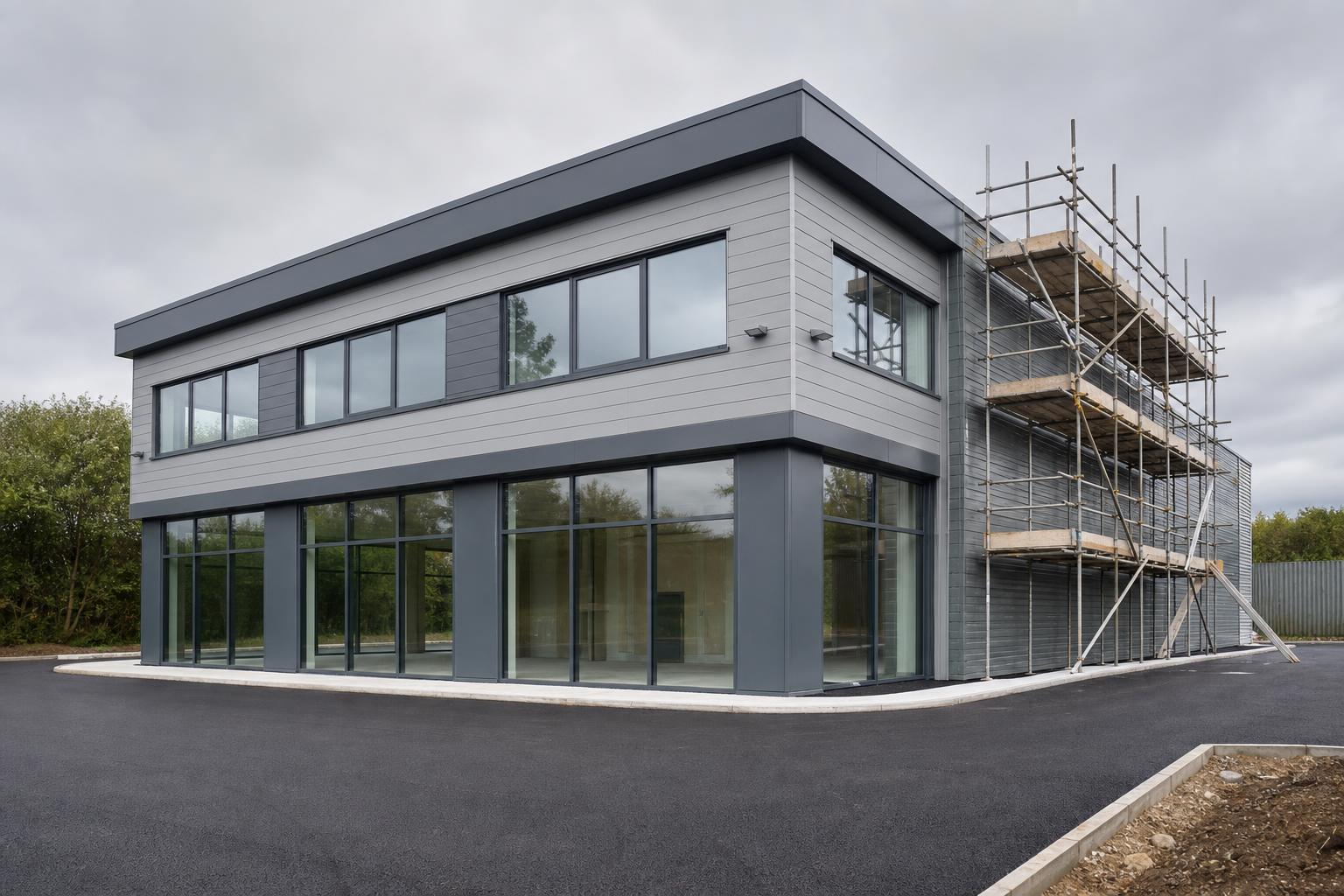 Modern two-storey commercial unit under refurbishment with grey cladding and shopfront glazing, North West England